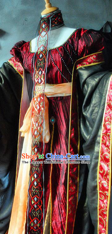 Chinese Cosplay Goddess Queen Wine Red Dress Ancient Female Swordsman Knight Costume for Women