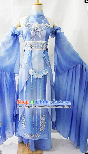 Chinese Cosplay Goddess Fairy Blue Dress Ancient Female Swordsman Knight Costume for Women