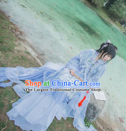 Chinese Cosplay Tang Dynasty Princess Blue Dress Ancient Female Swordsman Knight Costume for Women