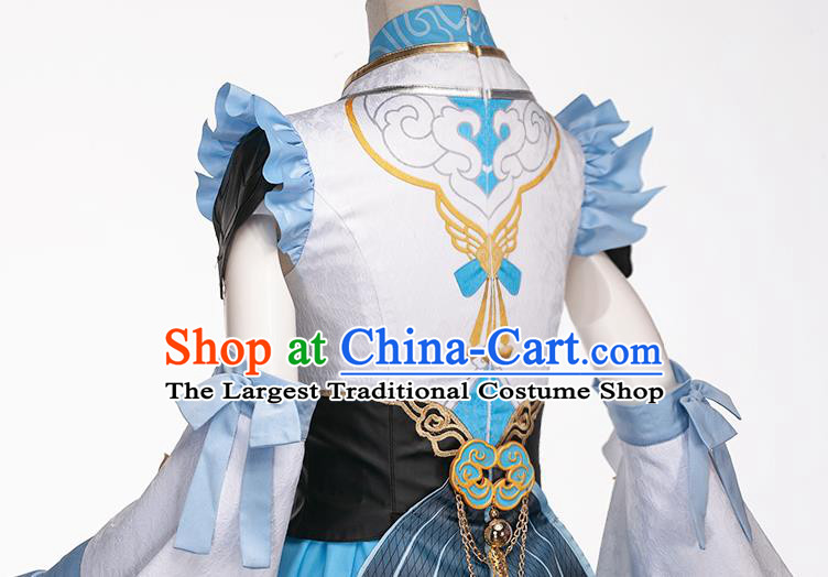 Traditional Chinese Cosplay Swordswoman Blue Short Dress Ancient Princess Heroine Costume for Women
