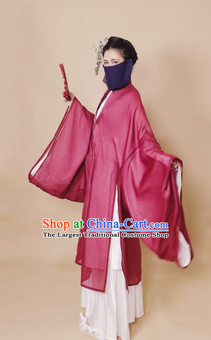 Chinese Ming Dynasty Wine Red Chiffon Cloak Ancient Female Swordsman Knight Costume for Women
