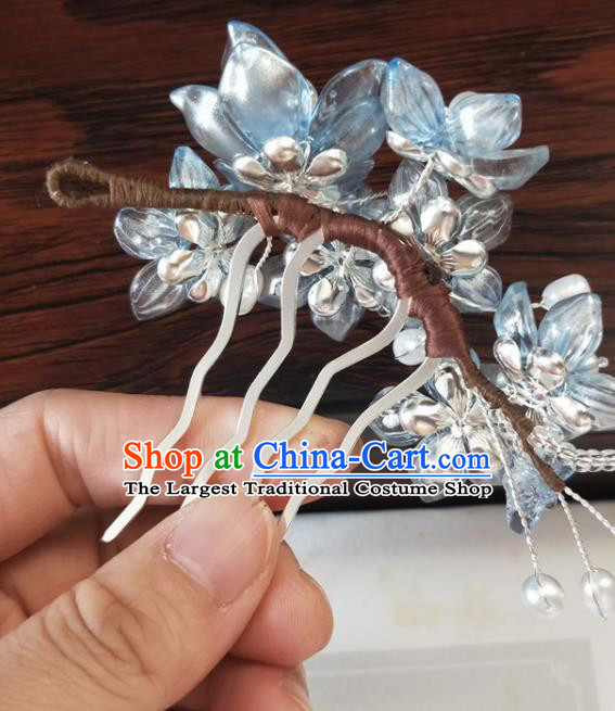 Traditional Chinese Hanfu Palace Blue Flowers Hair Comb Hairpins Ancient Princess Hair Accessories for Women