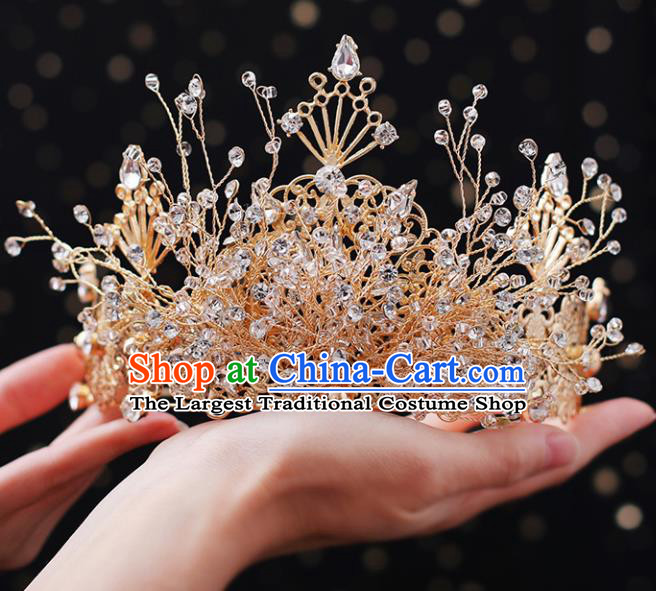 Top Grade Bride Beads Golden Royal Crown Handmade Wedding Hair Accessories for Women