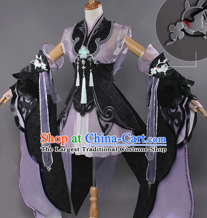 Traditional Chinese Cosplay Swordswoman Purple Short Dress Ancient Fairy Princess Costume for Women