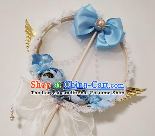 Handmade Chinese Silk Palace Fans Wedding Blue Roses Round Fan for Women