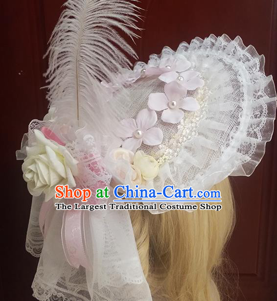 Top Grade Baroque Bride White Feather Lace Top Hat Handmade Wedding Hair Accessories for Women
