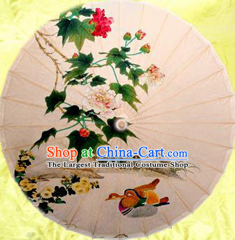 Chinese Handmade Printing Mandarin Duck Hibiscus Oil Paper Umbrella Traditional Decoration Umbrellas