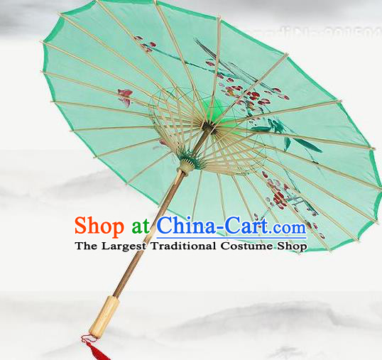 Handmade Chinese Classical Dance Printing Plum Green Silk Umbrella Traditional Cosplay Decoration Umbrellas