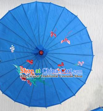 Handmade Chinese Printing Flowers Butterfly Royalblue Silk Umbrella Traditional Classical Dance Decoration Umbrellas