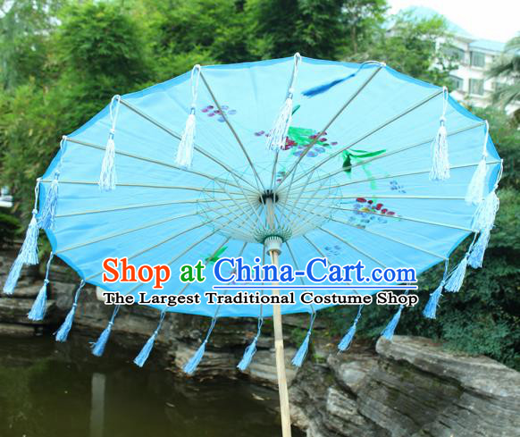 Handmade Chinese Printing Flowers Blue Tassel Silk Umbrella Traditional Classical Dance Decoration Umbrellas