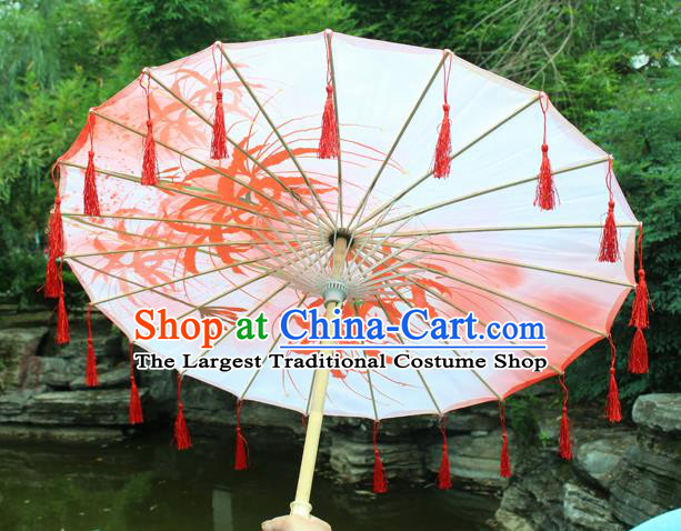 Handmade Chinese Printing Manjusaka Red Tassel Silk Umbrella Traditional Classical Dance Decoration Umbrellas