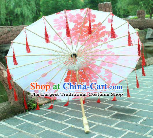 Handmade Chinese Printing Plum Blossom Red Tassel Silk Umbrella Traditional Classical Dance Decoration Umbrellas