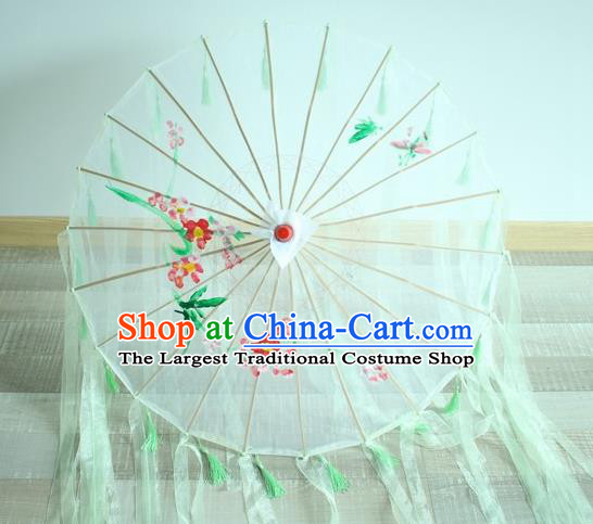 Handmade Chinese Printing Flowers Green Ribbon Silk Umbrella Traditional Classical Dance Decoration Umbrellas