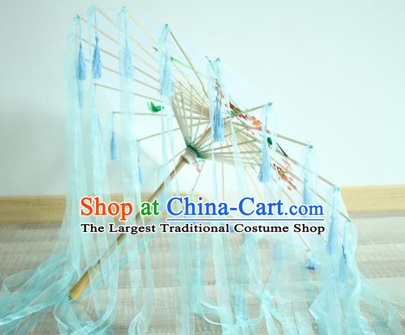 Handmade Chinese Printing Flowers Blue Ribbon Silk Umbrella Traditional Classical Dance Decoration Umbrellas