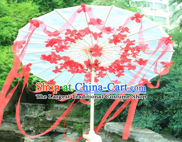 Handmade Chinese Red Flowers Ribbon Silk Umbrella Traditional Classical Dance Decoration Umbrellas