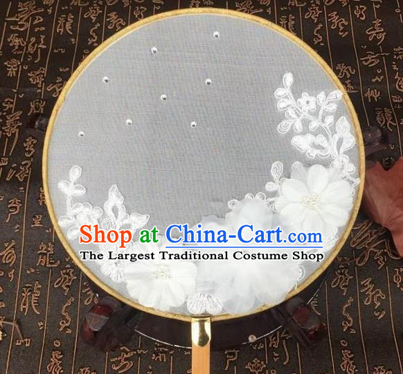 Handmade Chinese Classical Hanfu White Flowers Silk Round Fan Traditional Palace Fans