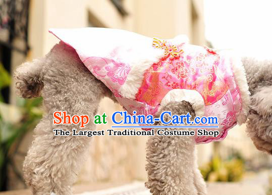 Traditional Asian Chinese Pets Clothing Dog Winter Pink Brocade Costumes for New Year
