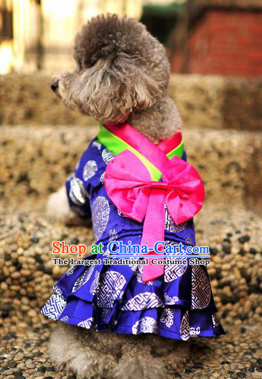 Traditional Asian Chinese Pets Clothing Dog Winter Royalblue Brocade Dress Costumes for New Year