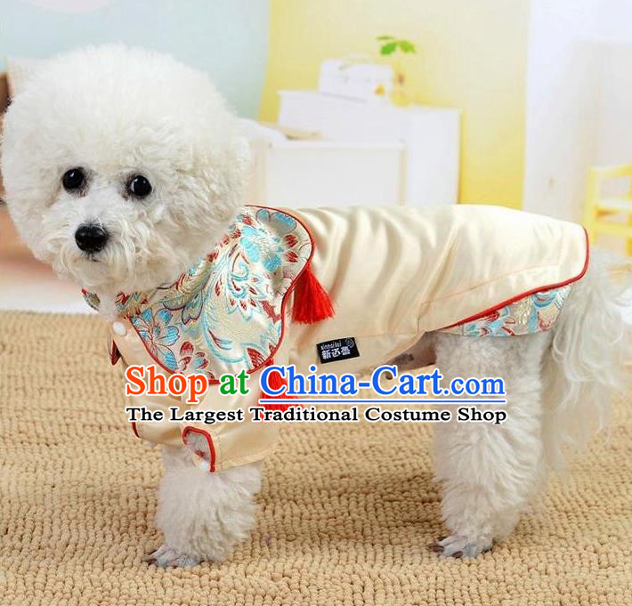 Traditional Asian Chinese Pets Winter Clothing Dog Beige Satin Costumes for New Year Spring Festival