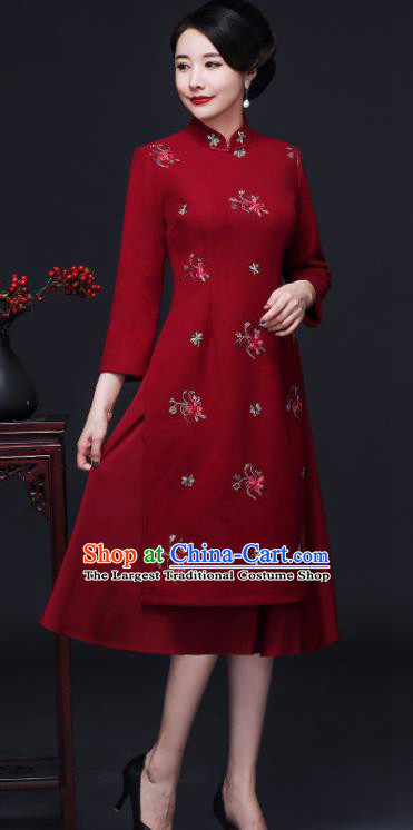 Traditional Chinese Red Woolen Cheongsam Mother Tang Suit Qipao Dress for Women