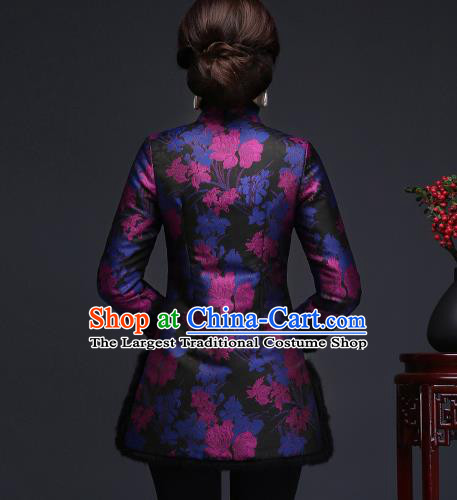 Traditional Chinese Blue Silk Cheongsam Cotton Padded Jacket Mother Tang Suit Stand Collar Overcoat for Women