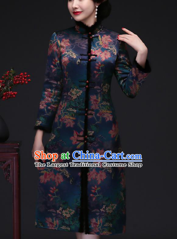 Traditional Chinese Green Silk Cheongsam Cotton Padded Coat Mother Tang Suit Stand Collar Overcoat for Women