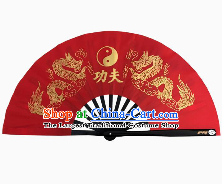 Chinese Handmade Printing Dragon Martial Arts Red Fans Accordion Fan Traditional Kung Fu Folding Fan