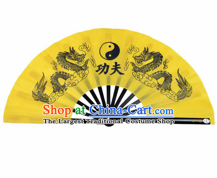 Chinese Handmade Printing Dragon Martial Arts Yellow Fans Accordion Fan Traditional Kung Fu Folding Fan