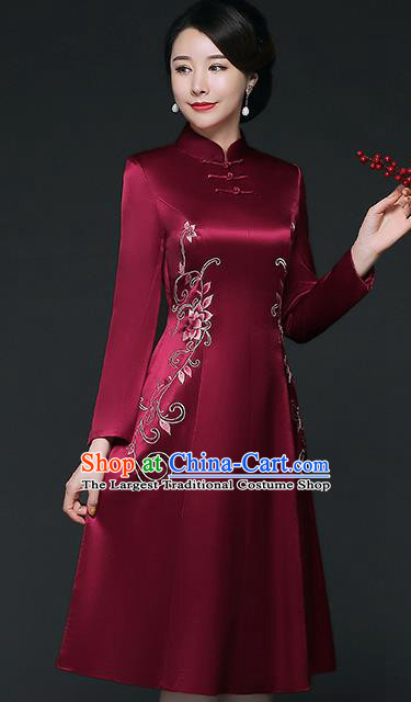 Traditional Chinese Embroidered Lotus Wine Red Silk Cheongsam Mother Tang Suit Qipao Dress for Women