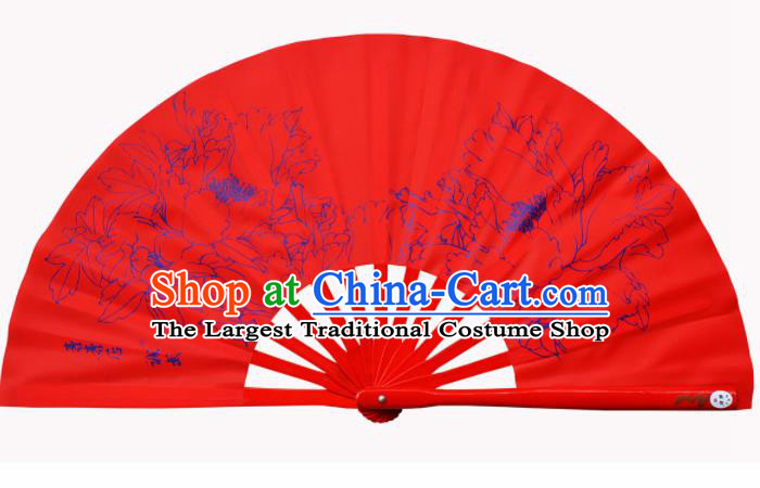 Chinese Handmade Martial Arts Printing Peony Red Fans Accordion Fan Traditional Kung Fu Folding Fan