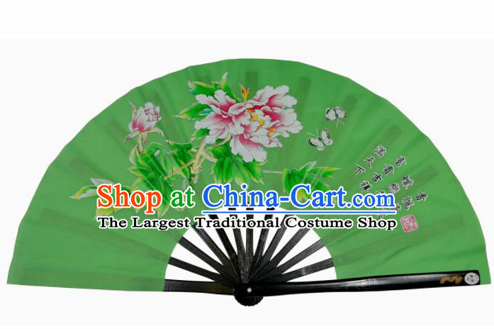 Chinese Handmade Martial Arts Printing Peony Green Silk Fans Accordion Fan Traditional Kung Fu Folding Fan