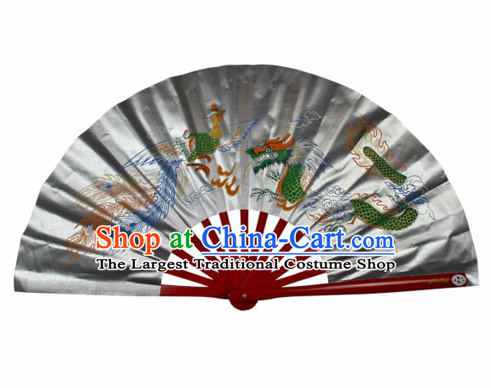 Chinese Handmade Martial Arts Printing Dragon Phoenix Grey Silk Fans Accordion Fan Traditional Kung Fu Folding Fan
