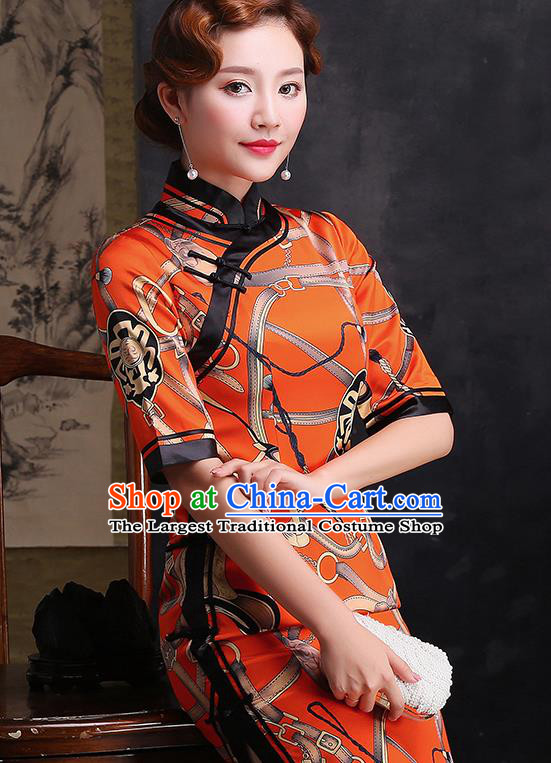 Traditional Chinese Printing Orange Silk Cheongsam Mother Tang Suit Qipao Dress for Women