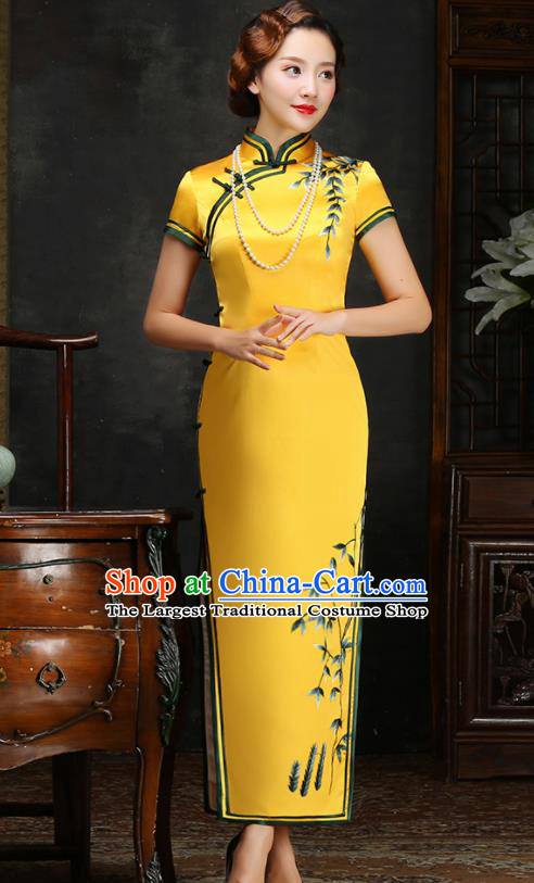 Traditional Chinese Embroidered Yellow Silk Cheongsam Mother Tang Suit Qipao Dress for Women