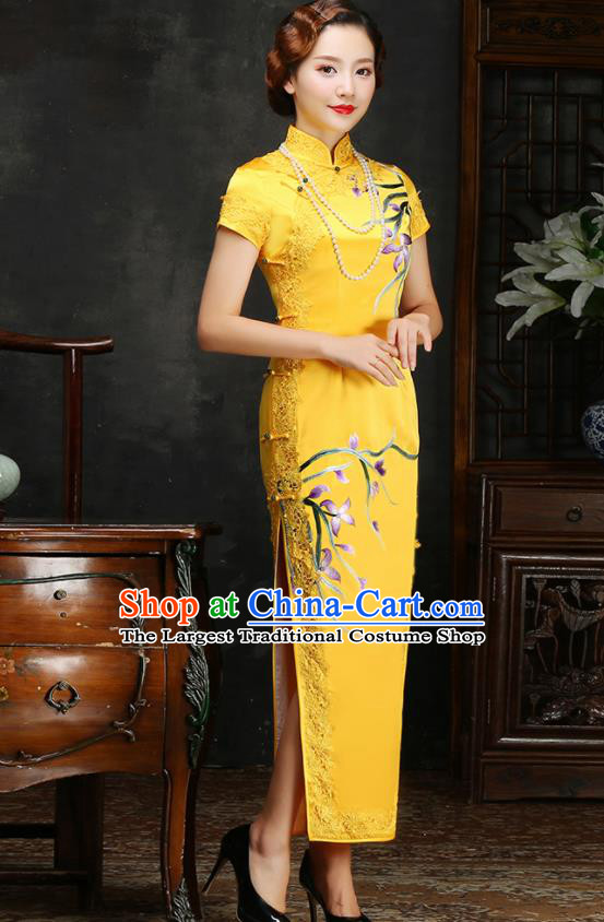 Traditional Chinese Embroidered Orchid Yellow Silk Cheongsam Mother Tang Suit Qipao Dress for Women