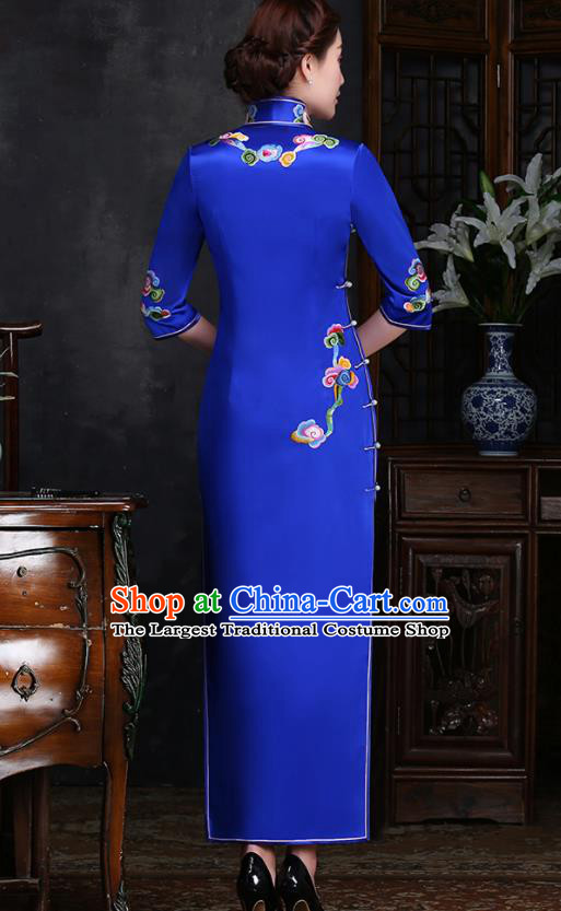 Traditional Chinese Embroidered Clouds Royalblue Silk Cheongsam Mother Tang Suit Qipao Dress for Women