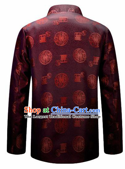 Traditional Chinese Brown Brocade Cotton Padded Coat New Year Tang Suit Stand Collar Overcoat for Old Men