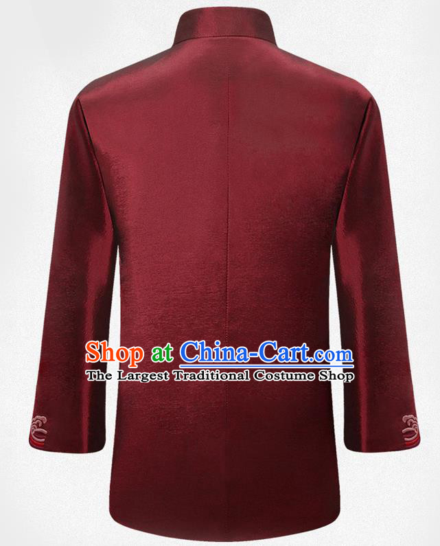 Traditional Chinese Embroidered Waves Purplish Red Brocade Cotton Padded Coat New Year Tang Suit Stand Collar Overcoat for Old Men