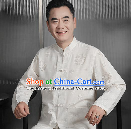 Traditional Chinese Tang Suit White Silk Outfits Tai Chi Training Costumes for Old Men