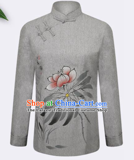 Traditional Chinese Tang Suit Printing Lotus Grey Blouse Tai Chi Training Costumes for Old Women