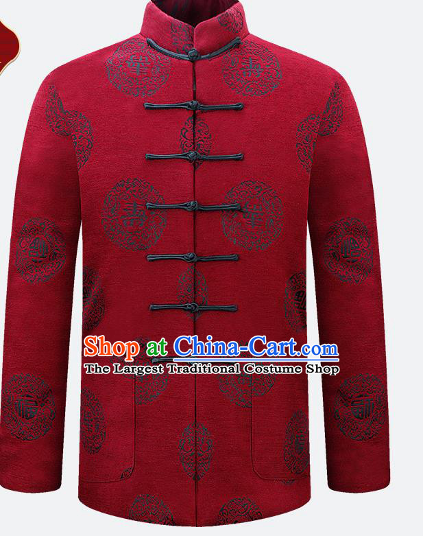 Traditional Chinese Red Velvet Cotton Wadded Jacket New Year Tang Suit Overcoat for Old Men