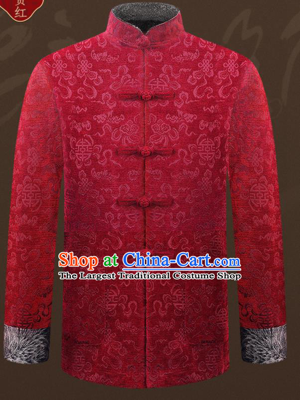 Traditional Chinese Wine Red Velvet Cotton Wadded Jacket New Year Tang Suit Overcoat for Old Men