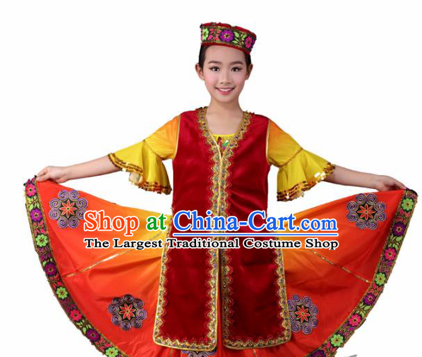 Traditional Chinese Child Xinjiang Uyghur Nationality Red Dress Ethnic Minority Folk Dance Costume for Kids