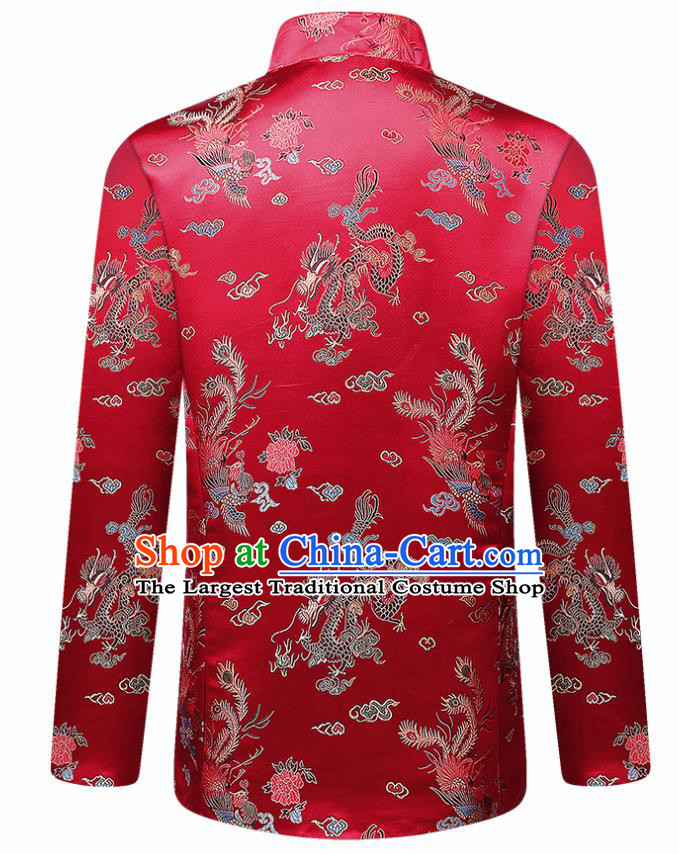 Traditional Chinese Red Cotton Wadded Jacket New Year Tang Suit Overcoat for Old Men