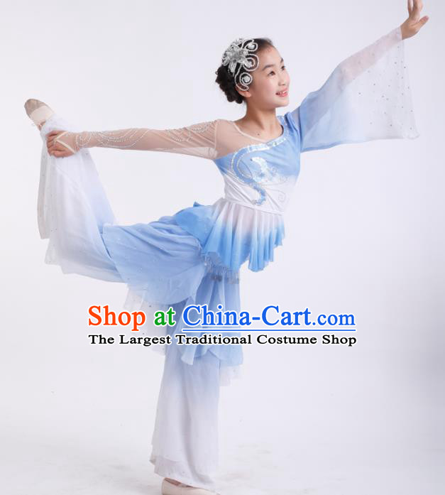 Traditional Chinese Folk Dance Fan Dance Blue Veil Clothing Yangko Dance Stage Show Costume for Kids