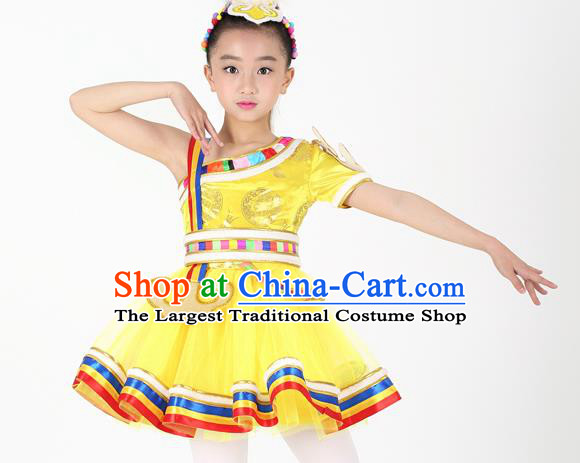 Traditional Chinese Child Zang Nationality Yellow Short Dress Ethnic Minority Folk Dance Costume for Kids