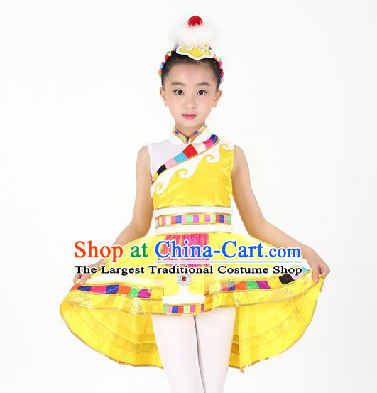 Traditional Chinese Child Zang Nationality Yellow Veil Short Dress Ethnic Minority Folk Dance Costume for Kids