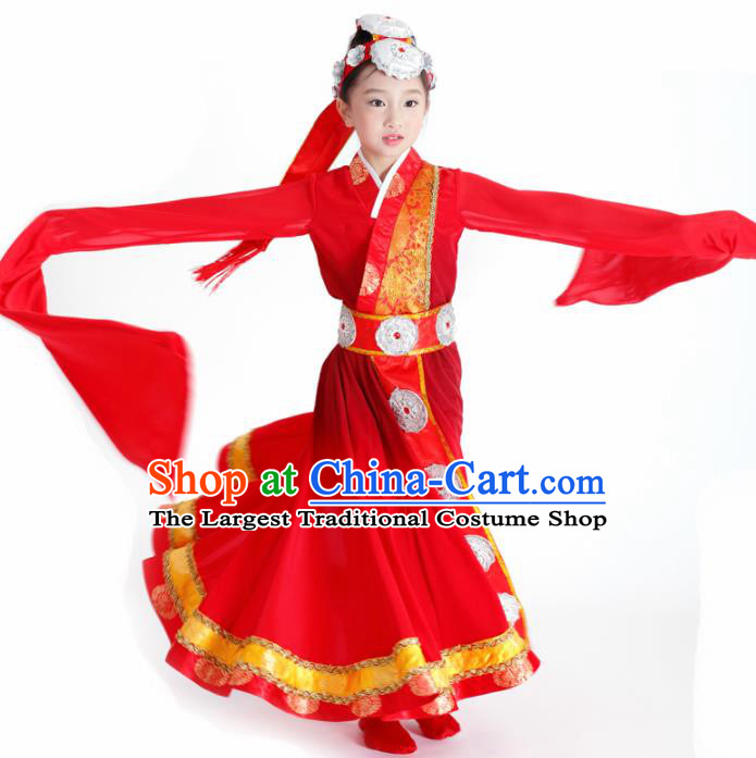 Traditional Chinese Child Zang Nationality Red Water Sleeve Dress Ethnic Minority Folk Dance Costume for Kids