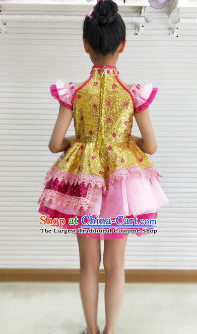 Traditional Chinese Children Opening Dance Pink Short Dress Stage Show Costume for Kids