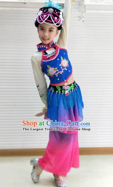 Traditional Chinese Folk Dance Spring Festival Fan Dance Blue Outfits Yangko Dance Stage Show Costume for Kids